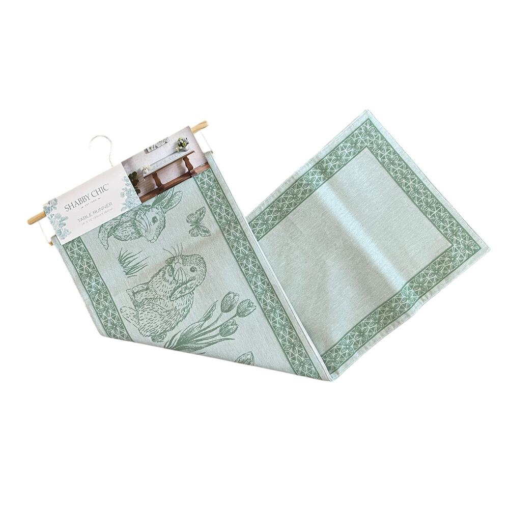 Shabby Chic Bunny Rabbit Cotton 14x72 Table Runner Pastel Green Spring Easter